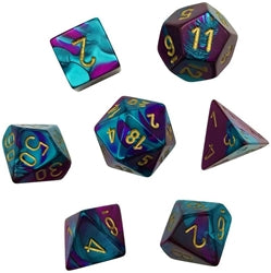 7pc Gemini Purple-Teal w/ Gold MINI-Polyhedral Set - CHX20649 | All Aboard Games