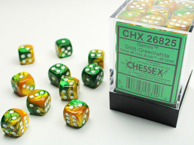 36pc Gemini Gold-Green w/ White 12mm d6 cube - CHX26825 | All Aboard Games