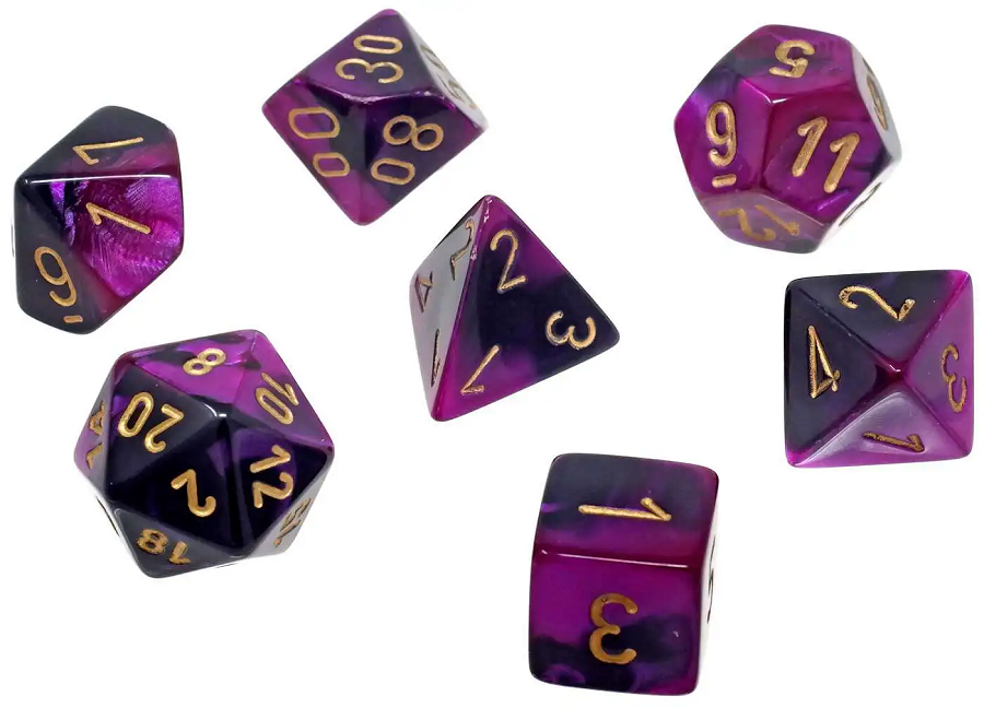 7pc Gemini Black-Purple w/ Gold MINI-Polyhedral Set - CHX20640 | All Aboard Games