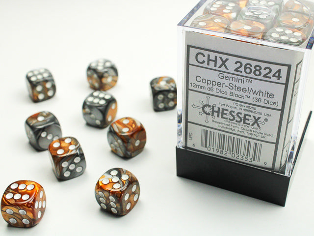 36pc Gemini Copper-Steel w/ White 12mm d6 cube - CHX26824 | All Aboard Games