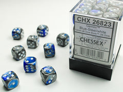 36pc Gemini Blue-steel w/ White 12mm d6 cube - CHX26823 | All Aboard Games
