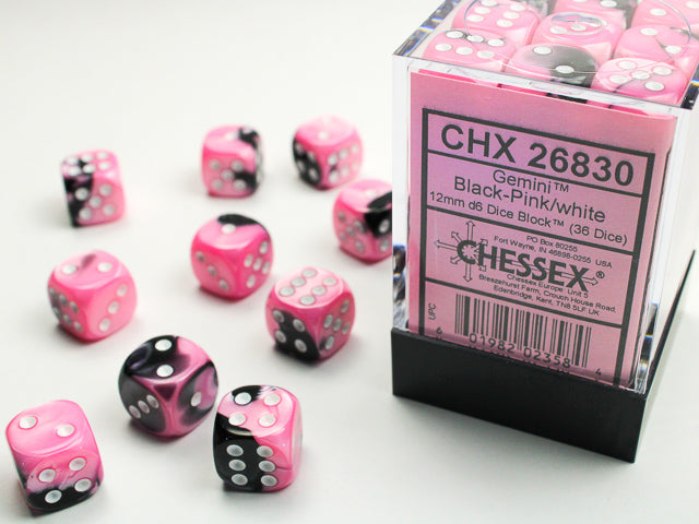 36pc Gemini Black-Pink w/ White 12mm d6 cube - CHX26830 | All Aboard Games