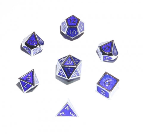 7pc Dwarven Metal: Silver w/ Blue Enamel Polyhedral Set - CC02257 | All Aboard Games