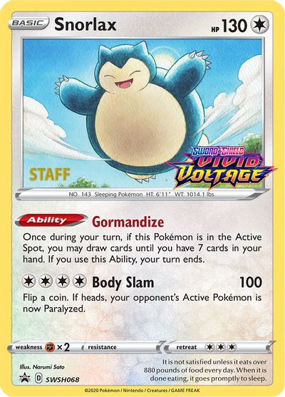 Snorlax (SWSH068) (Staff Prerelease Promo) [Sword & Shield: Black Star Promos] | All Aboard Games