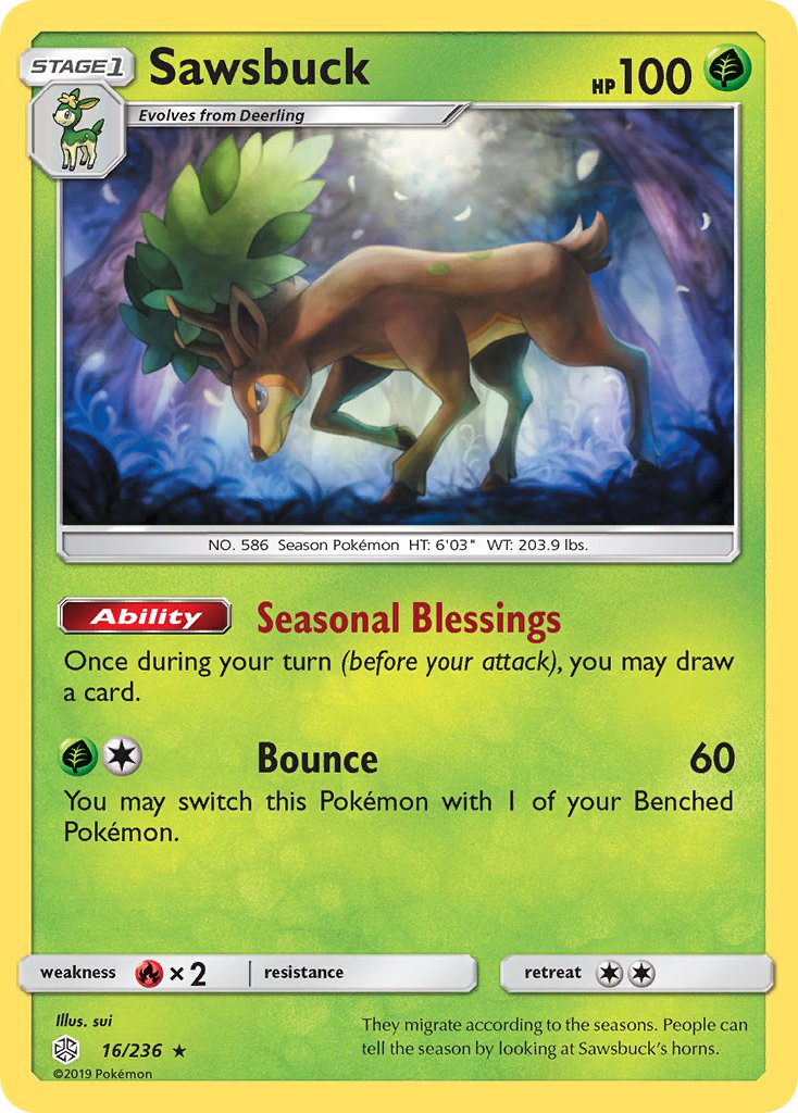 Sawsbuck (16/236) (Prerelease Kit Exclusive) (Theme Deck Exclusive) [Sun & Moon: Cosmic Eclipse] | All Aboard Games