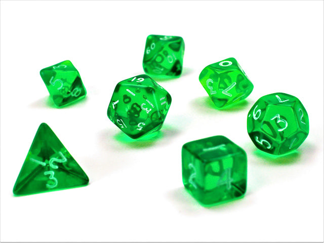 7pc mini Translucent Green w/ White Polyhedral Set CHX23055 | All Aboard Games