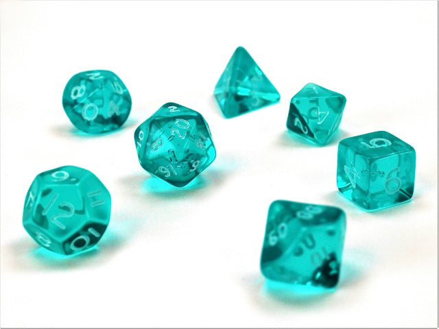 7pc mini Translucent Teal w/ White Polyhedral Set CHX23065 | All Aboard Games