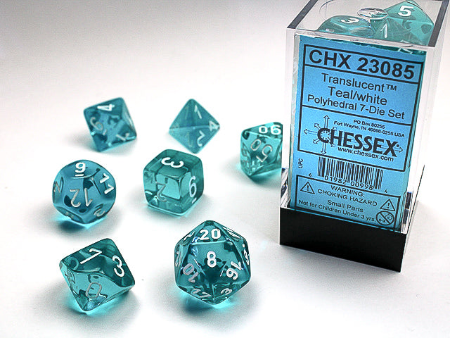 7pc Translucent Teal w/ White Polyhedral Set - CHX23085 | All Aboard Games