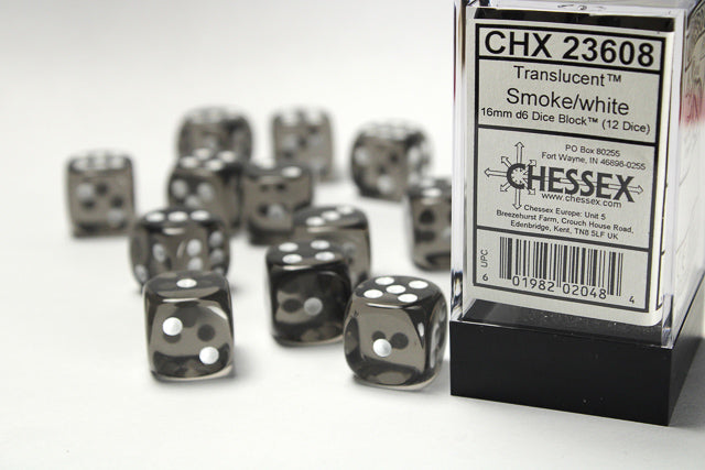 16mm d6 cube - Translucent: Smoke w/White - CHX23608 | All Aboard Games