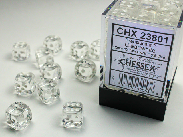 36pc Translucent Clear w/ White 12mm d6 cube - CHX23801 | All Aboard Games
