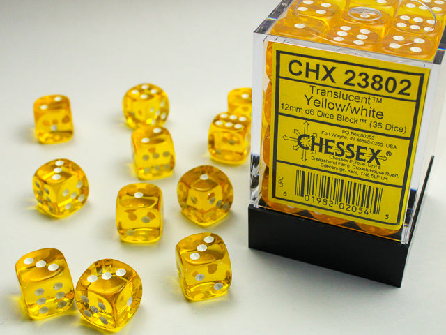 36pc Translucent Yellow w/ White 12mm d6 cube - CHX23802 | All Aboard Games