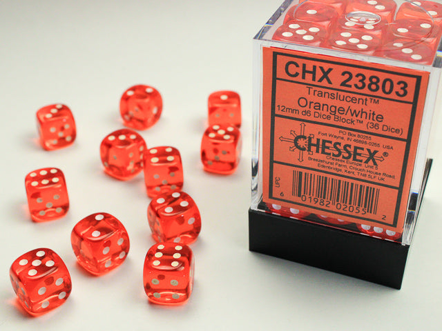 36pc Translucent Orange w/ White 12mm d6 cube - CHX23803 | All Aboard Games