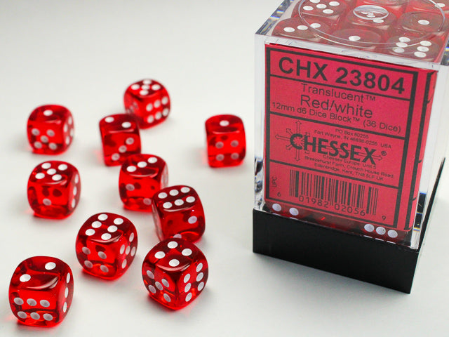 36pc Translucent Red w/White 12mm d6 cube - CHX23804 | All Aboard Games