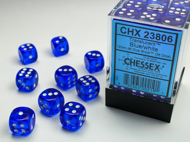 36pc Translucent Blue w/ White 12mm d6 cube - CHX23806 | All Aboard Games
