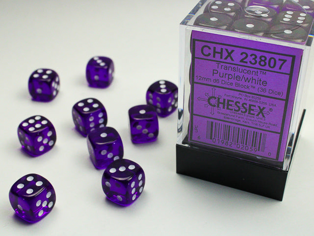 36pc Translucent Purple w/White 12mm d6 cube - CHX23807 | All Aboard Games