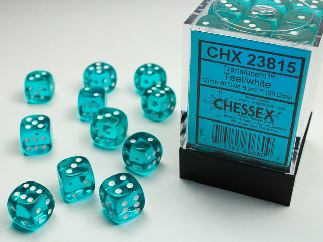 36pc Translucent Teal w/ White 12mm d6 cube - CHX23815 | All Aboard Games