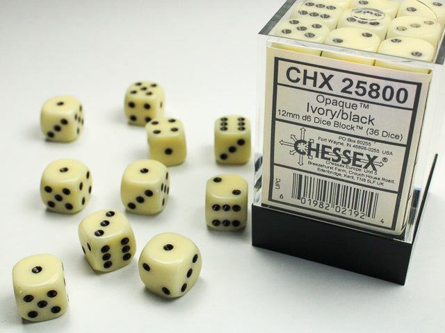 36pc Opaque Ivory w/ Black 12mm d6 cube - CHX25800 | All Aboard Games
