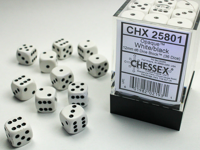 36pc Opaque White w/Black 12mm d6 cube - CHX25801 | All Aboard Games