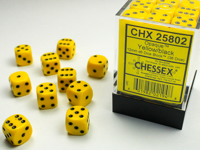 36pc Opaque Yellow w/ Black 12mm d6 cube - CHX25802 | All Aboard Games