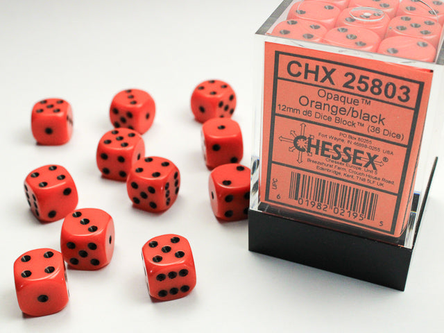 36pc Opaque Orange w/ Black 12mm d6 cube - CHX25803 | All Aboard Games