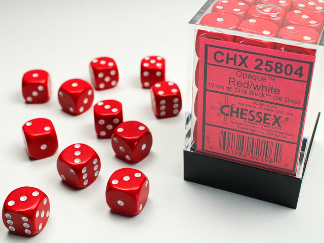 36pc Opaque Red w/ White 12mm d6 cube - CHX25804 | All Aboard Games