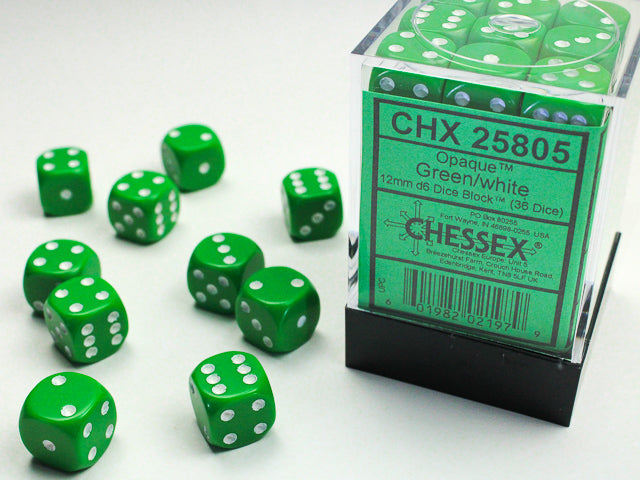 36pc Opaque Green w/ White 12mm d6 cube - CHX25805 | All Aboard Games