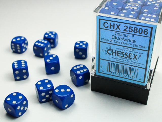36pc Opaque Blue w/ White 12mm d6 cube - CHX25806 | All Aboard Games