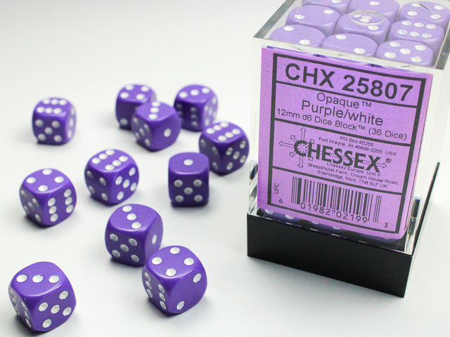 36pc Opaque Purple w/ White 12mm d6 cube - CHX25807 | All Aboard Games