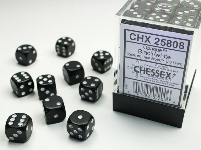36pc Opaque Black w/ White 12mm d6 cube - CHX25808 | All Aboard Games