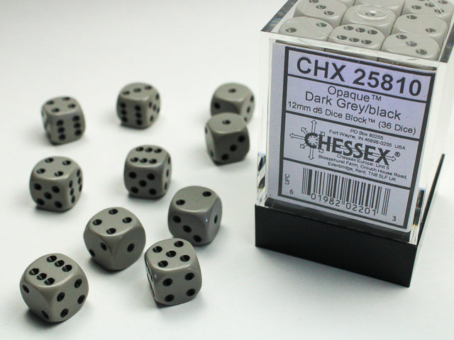 36pc Opaque Grey w/ Black 12mm d6 cube - CHX25810 | All Aboard Games