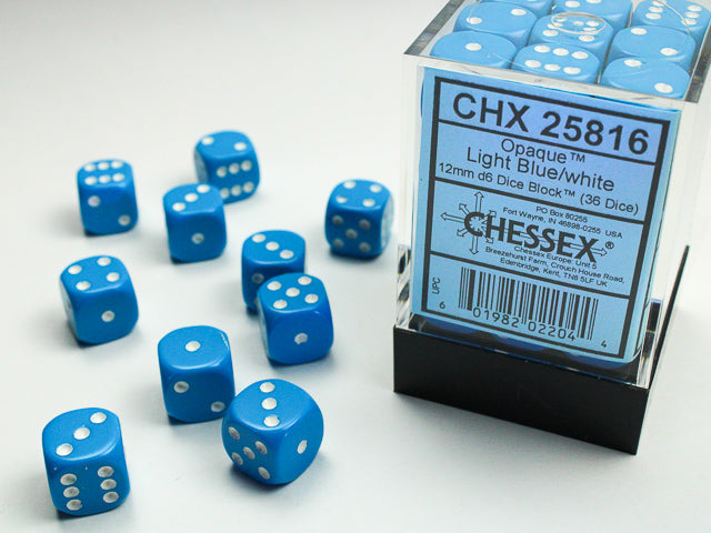 36pc Opaque Light Blue w/ White 12mm d6 cube - CHX25816 | All Aboard Games