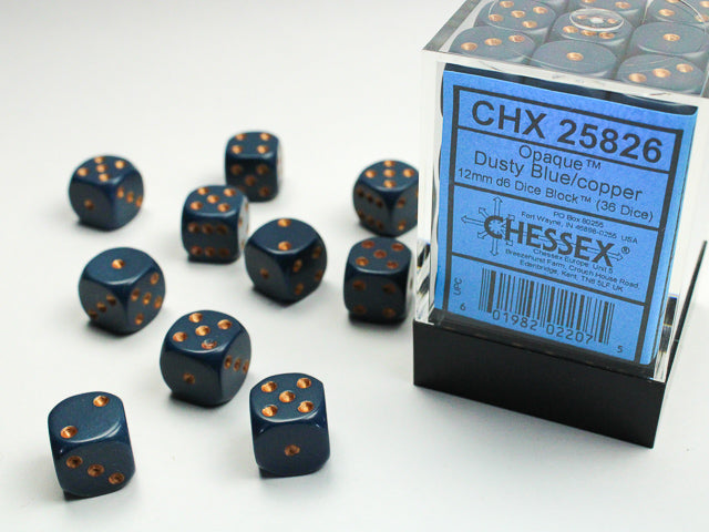 36pc Opaque Dusty Blue w/gold 12mm d6 cube - CHX25826 | All Aboard Games