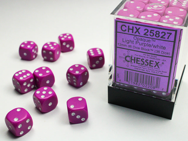 36pc Opaque Light Purple w/ White 12mm d6 cube - CHX25827 | All Aboard Games