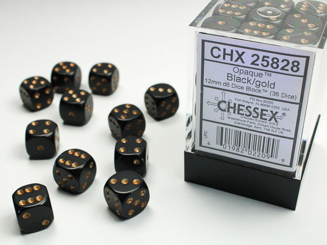 36pc Opaque Black w/ Gold 12mm d6 cube - CHX25828 | All Aboard Games