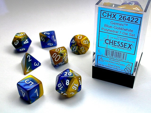 7pc Gemini Blue Gold w/ White Polyhedral Set - CHX26422 | All Aboard Games