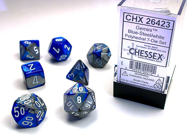 7pc Gemini Blue Steel w/ White Polyhedral Set - CHX26423 | All Aboard Games