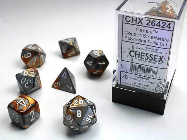 7pc Gemini Copper Steel w/ White Polyhedral Set - CHX26424 | All Aboard Games