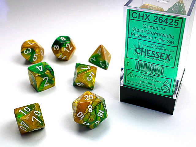 7pc Gemini Gold Green w/ White Polyhedral Set - CHX26425 | All Aboard Games