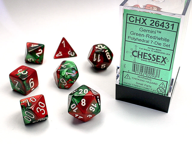 7pc Gemini Green-Red w/ White Polyhedral Set - CHX26431 | All Aboard Games