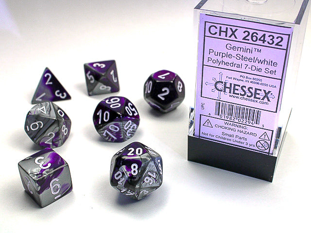 7pc Gemini Purple Steel w/ White Polyhedral Set - CHX26432 | All Aboard Games