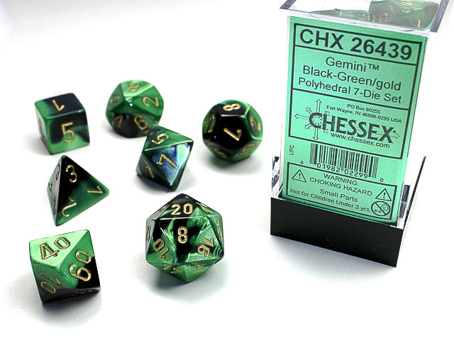 7pc Gemini Black-Green w/ Gold Polyhedral Set - CHX26439 | All Aboard Games