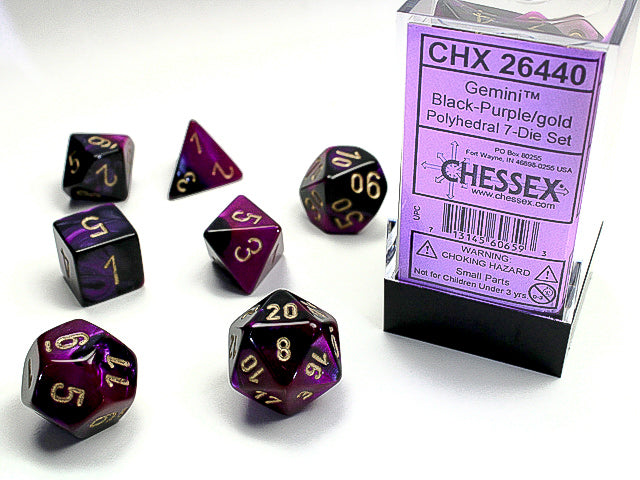 7pc Gemini Black-Purple w/ Gold Polyhedral Set - CHX26440 | All Aboard Games