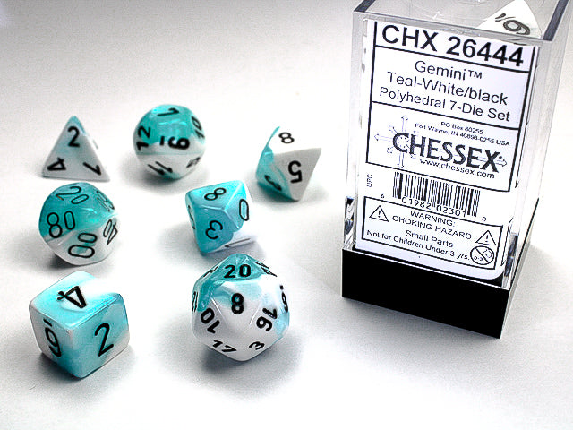 7pc Gemini Teal White w/ Black Polyhedral Set - CHX26444 | All Aboard Games