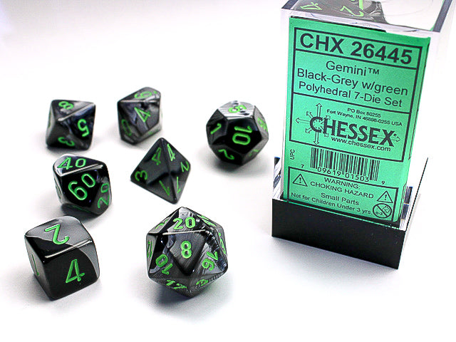 7pc Gemini Black-Grey w/ Green Polyhedral Set - CHX26445 | All Aboard Games