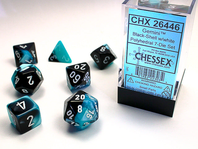 7pc Gemini Black-Shell w/ White Polyhedral Set - CHX26446 | All Aboard Games