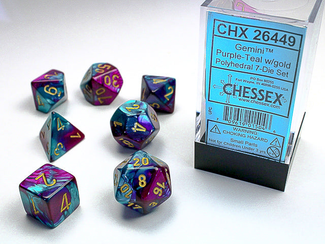 7pc Gemini Purple-Teal w/ Gold Polyhedral Set - CHX26449 | All Aboard Games