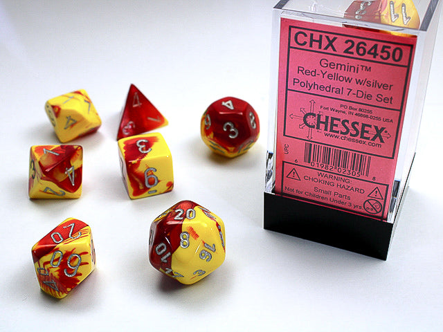 7pc Gemini Red-Yellow w/ Silver Polyhedral Set - CHX26450 | All Aboard Games