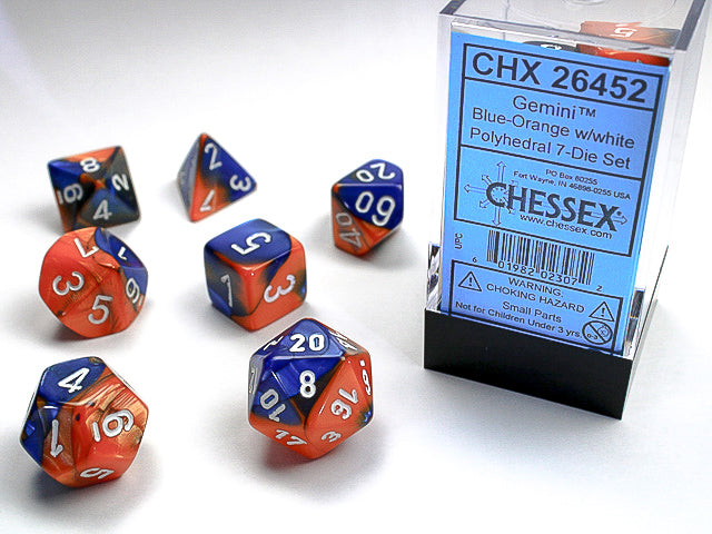 7pc Gemini Blue-Orange w/ White Polyhedral Set - CHX26452 | All Aboard Games