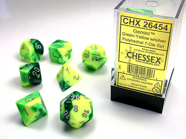 7pc Gemini Green-Yellow w/ Silver Polyhedral Set - CHX26454 | All Aboard Games