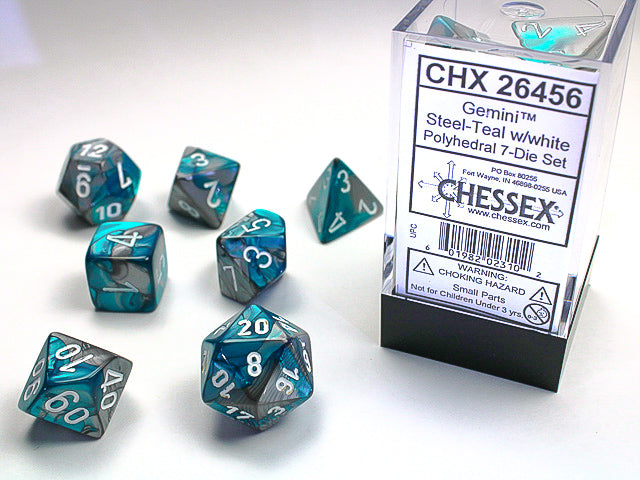 7pc Gemini Steel-Teal w/ White Polyhedral Set - CHX26456 | All Aboard Games